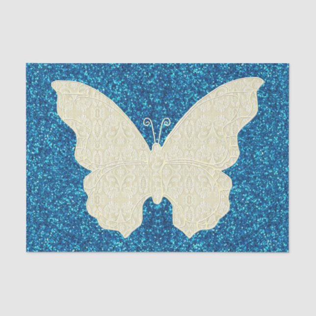 Lace Butterfly On Blue Glitter Tissue Paper (Front)