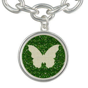 Lace Butterfly On Green Glitter Charm Bracelet