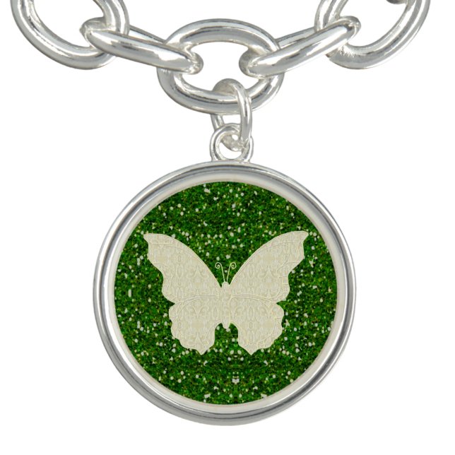 Lace Butterfly On Green Glitter Charm Bracelet (Design)