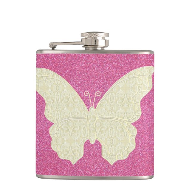 Lace Butterfly On Pink Glitter Flask (Front)