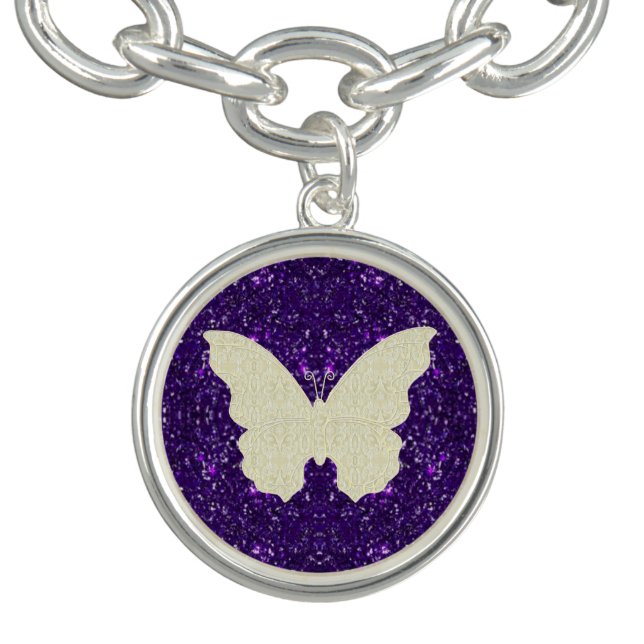 Lace Butterfly On Purple Glitter Charm Bracelet (Design)