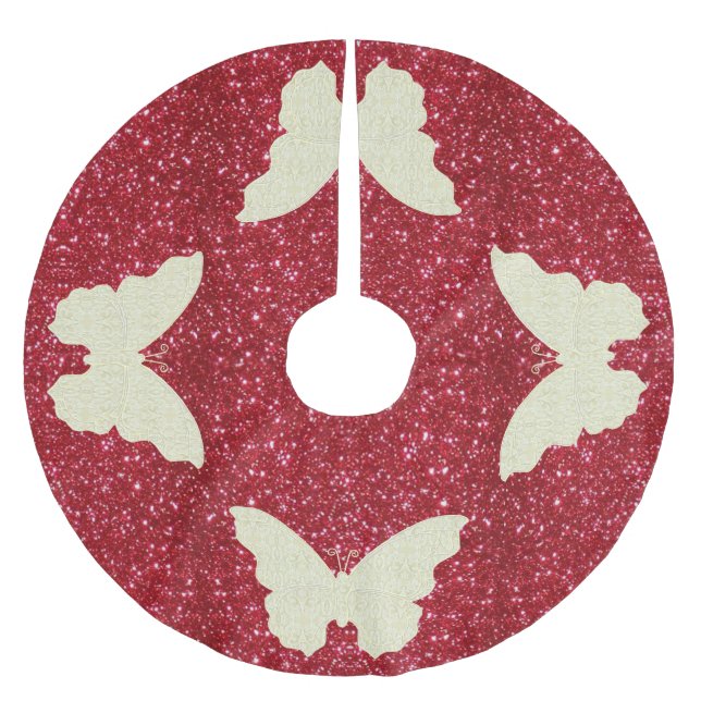 Lace Butterfly On Red Glitter Christmas Tree Skirt (Front)