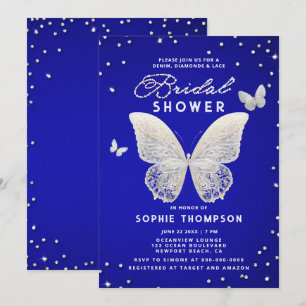 Lace Butterfly Rhinestone Royal Blue Bridal Shower Invitation