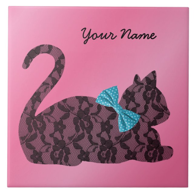 Lace Cat with Teal Bow - Pink Personalized Ceramic Tile (Front)