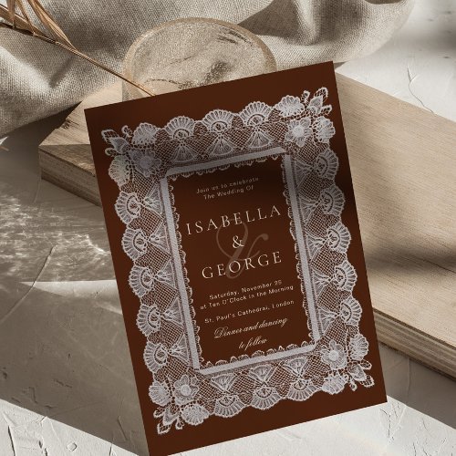 Lace Chocolate Brown Fancy Old Money Wedding Invitation