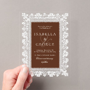 Lace Chocolate Brown Old Money Wedding Acrylic Enclosure Card