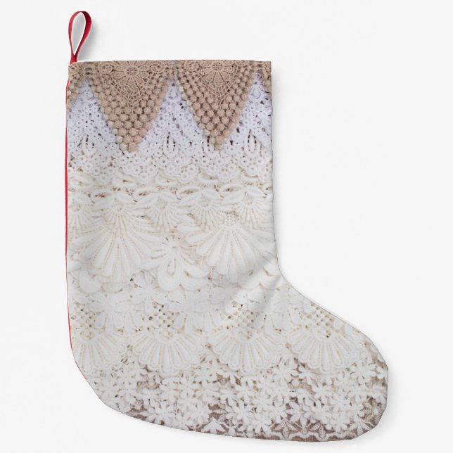 Lace cloth background and texture small christmas stocking (Front)