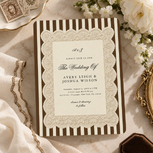 Lace & Coffee Brown Stripes Wedding Invitation