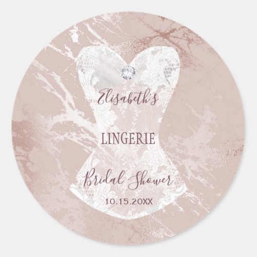 Lace corset blush silver marble lingerie shower classic round sticker