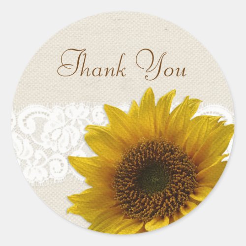 Lace Country Rustic Sunflower Thank You Stickers