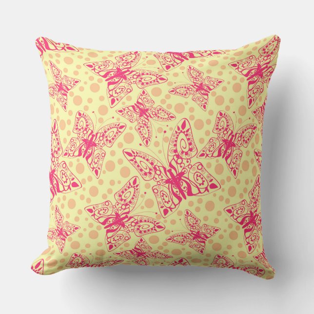 lace crimson butterflies on yellow polka dot  throw pillow (Front)