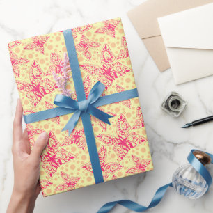 lace crimson butterflies on yellow polka dot wrapping paper