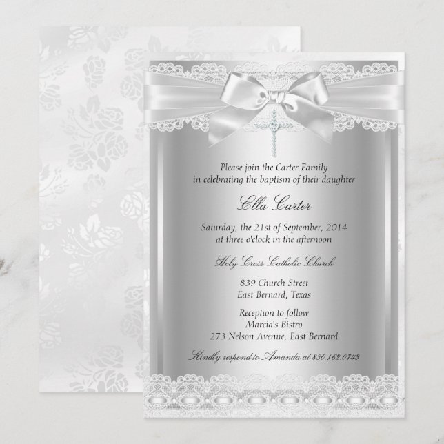 Lace & Cross Baptism/Christening Invitation (Front/Back)
