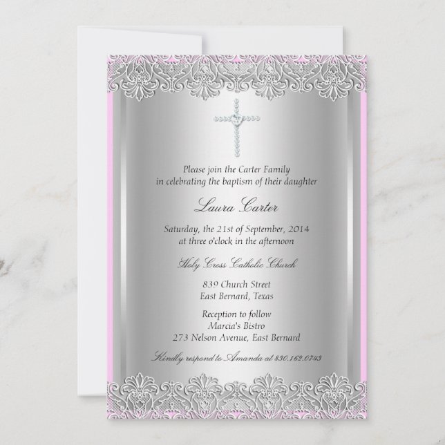 Lace & Cross Baptism/Christening Invitation (Front)