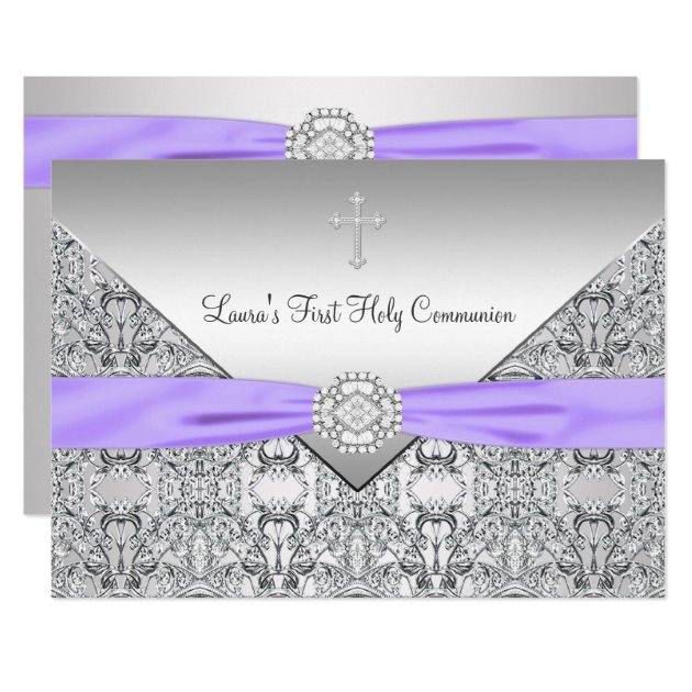 Lace Cross Girls Purple First Communion Invitation