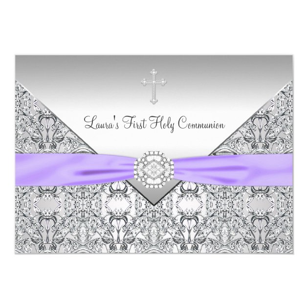Lace Cross Girls Purple First Communion Invitation