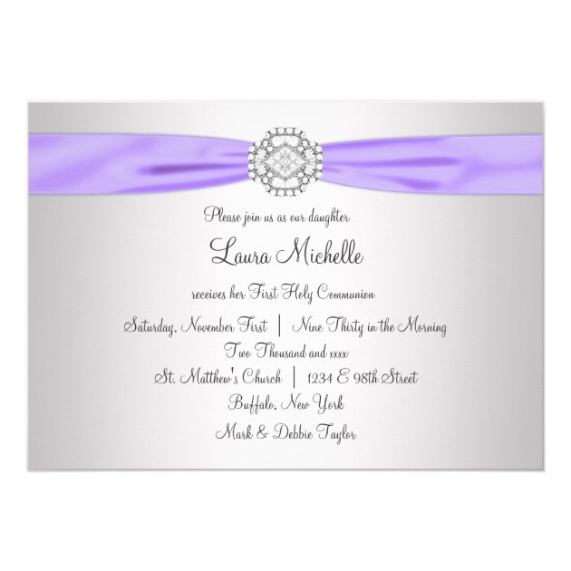 Lace Cross Girls Purple First Communion Invitation