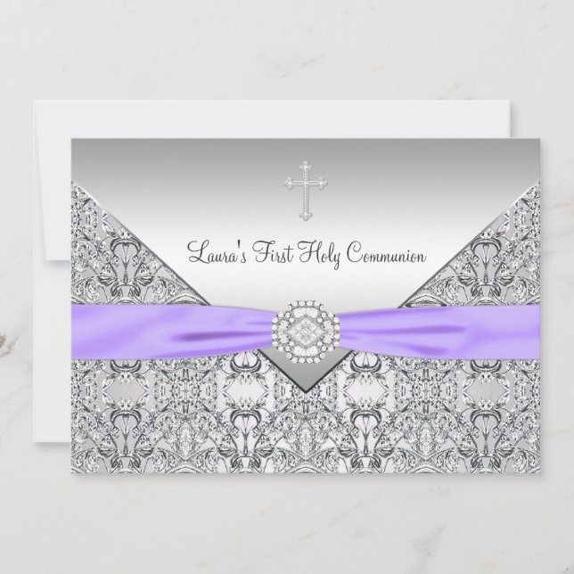 Lace Cross Girls Purple First Communion Invitation (Front)
