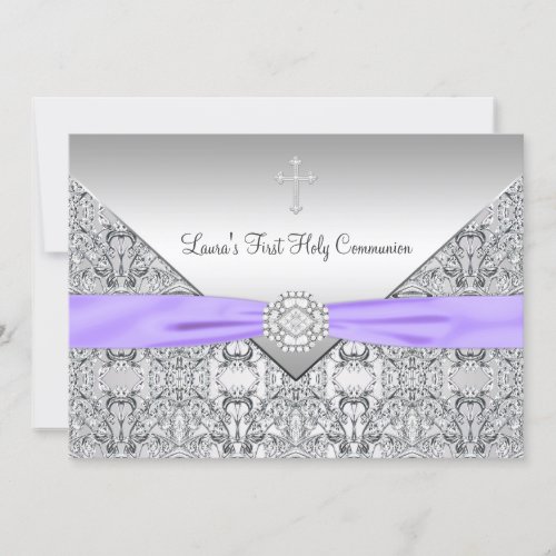 Lace Cross Girls Purple First Communion Invitations