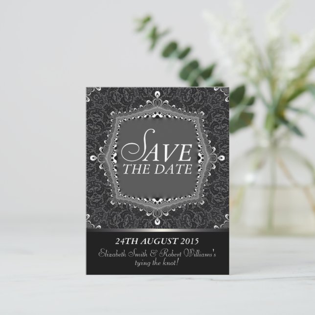 Lace Damask Gothic Save the Date Black Postcard (Standing Front)