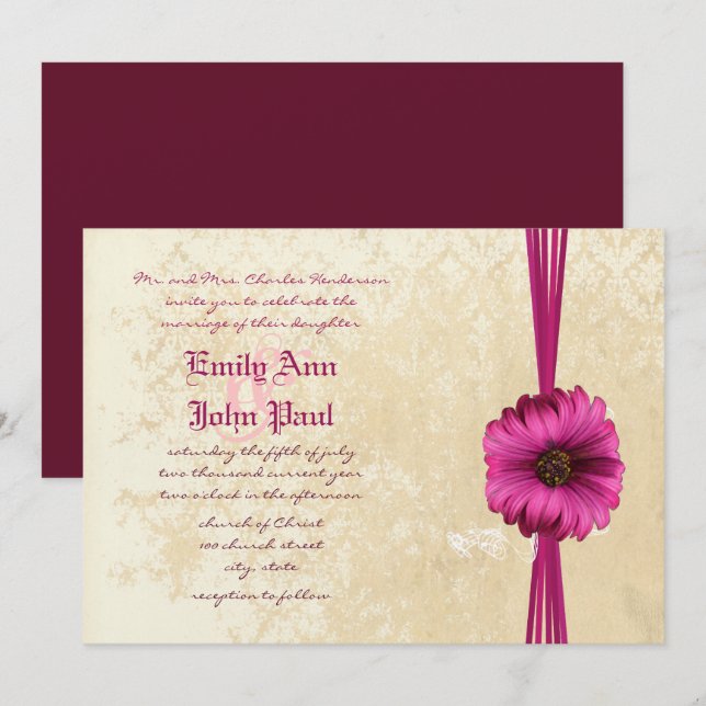 Lace Damask Moody Dark Pink Gerber Daisy Wedding  Invitation (Front/Back)