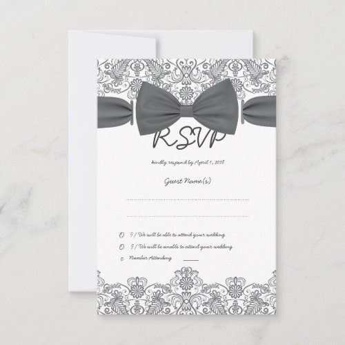 Lace Dark Bow Damask RSVP Card