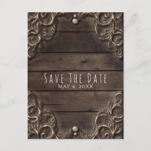 Lace  Dark Wood Rustic Vintage Wedding Save Date Announcement Postcard