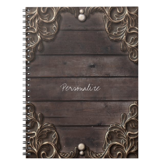 Lace & Dark Wood Rustic Vintage Western Elegant Notebook (Front)