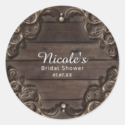 Lace  Dark Wood Rustic Vintage Western Wedding Classic Round Sticker