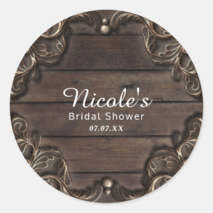 Lace & Dark Wood Rustic Vintage Western Wedding Classic Round Sticker