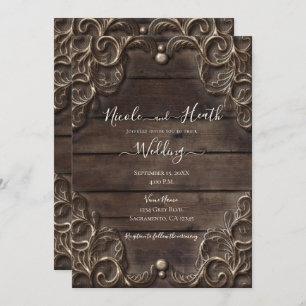 Lace & Dark Wood Rustic Vintage Western Wedding Invitation