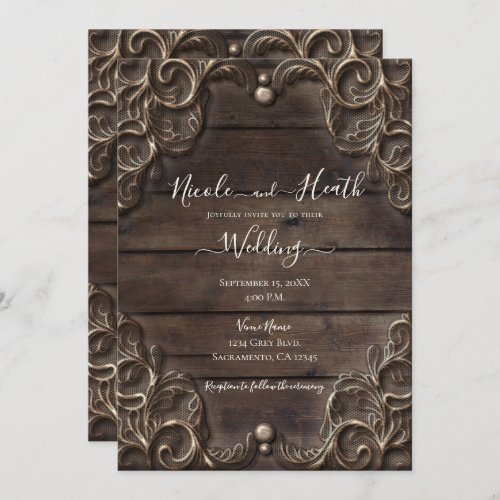 Lace  Dark Wood Rustic Vintage Western Wedding Invitation