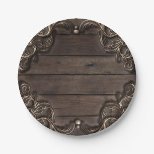 Lace & Dark Wood Rustic Vintage Western Wedding Paper Plates