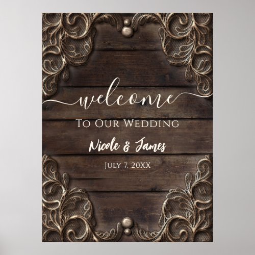 Lace  Dark Wood Rustic Vintage Western Wedding Po Poster