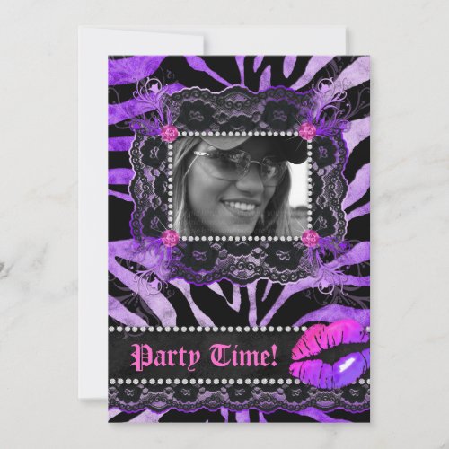 Lace Diamonds Birthday Party Zebra Purple Lips Invitation