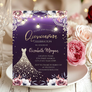 Lace,Diamonds Dress Floral Purple Quinceañera Invitation
