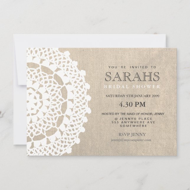 Lace Doily & Burlap Bridal Shower Party Invite (Front)
