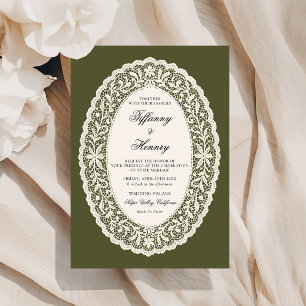 Lace Doily Olive Green Wedding Invitation