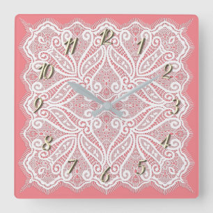 Lace doily pink white vintage old fashioned square wall clock