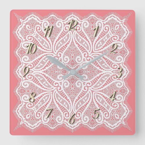 Lace doily pink white vintage old fashioned square wall clock