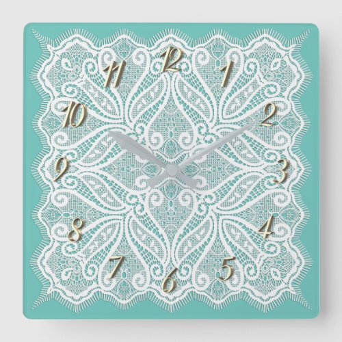 Lace doily teal white vintage old fashioned square wall clock