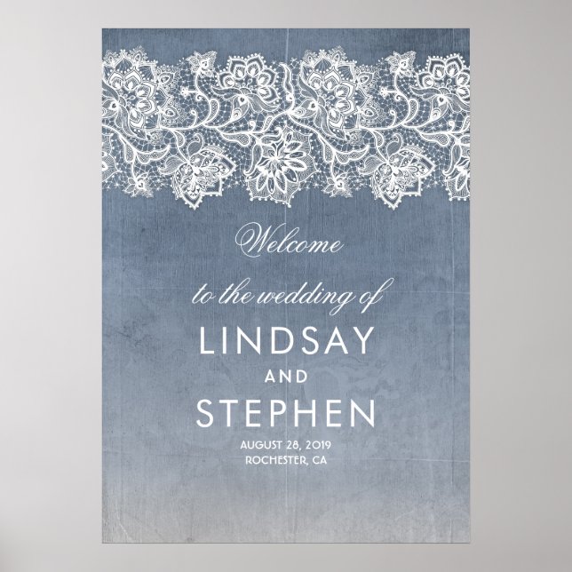 Lace Dusty Blue Vintage Wedding Welcome Sign (Front)