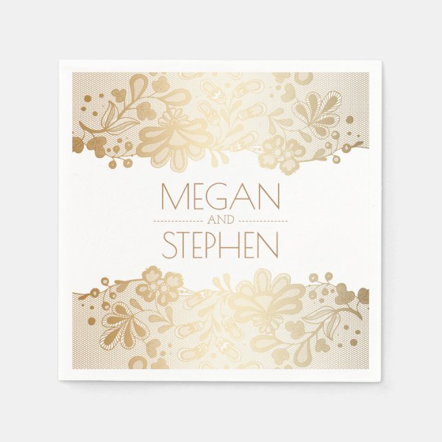 Lace Elegant Gold and White Wedding Napkins (Front)