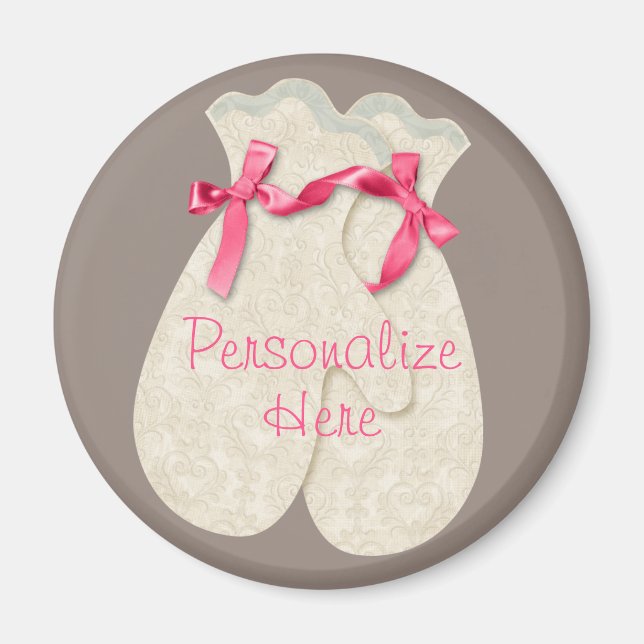 Lace elegant winter mitten ribbon lace pink cream magnet (Front)