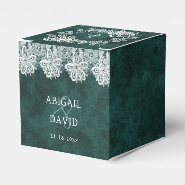 Lace Emerald Green Velvet Religious Wedding Cube Favor Boxes (Front Side)
