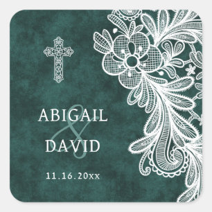 Lace Emerald Green Velvet Religious Wedding Square Sticker