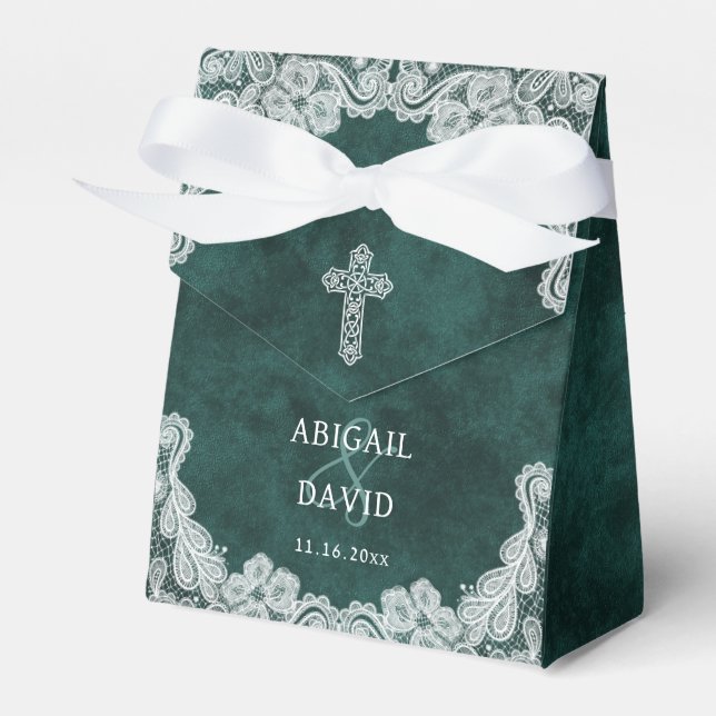 Lace Emerald Green Velvet Religious Wedding Tent Favor Boxes (Front Side)