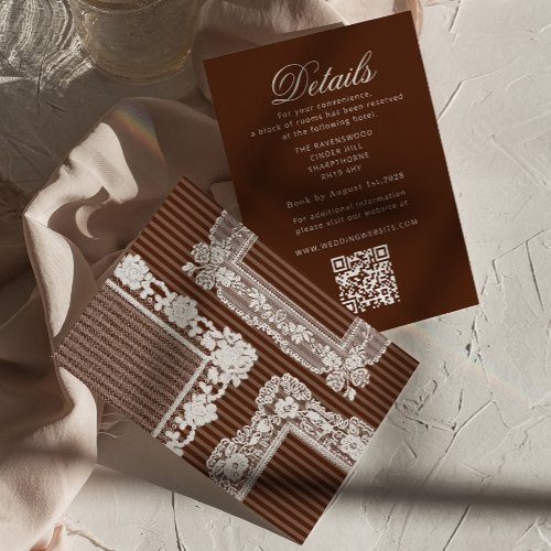 Lace Espresso Brown Old Money Wedding QR Details Enclosure Card