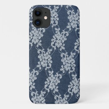 Lace Fancy Feminine Navy Blue & Ivory White Iphone 11 Case by camcguire at Zazzle
