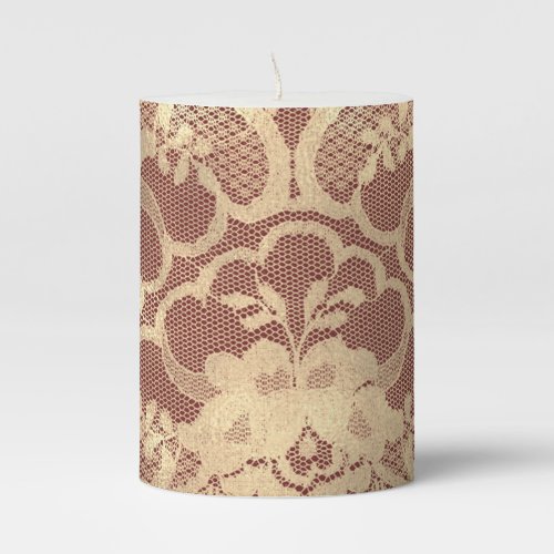 Lace Faux Gold Sepia Floral Amethyst Burgundy Red Pillar Candle